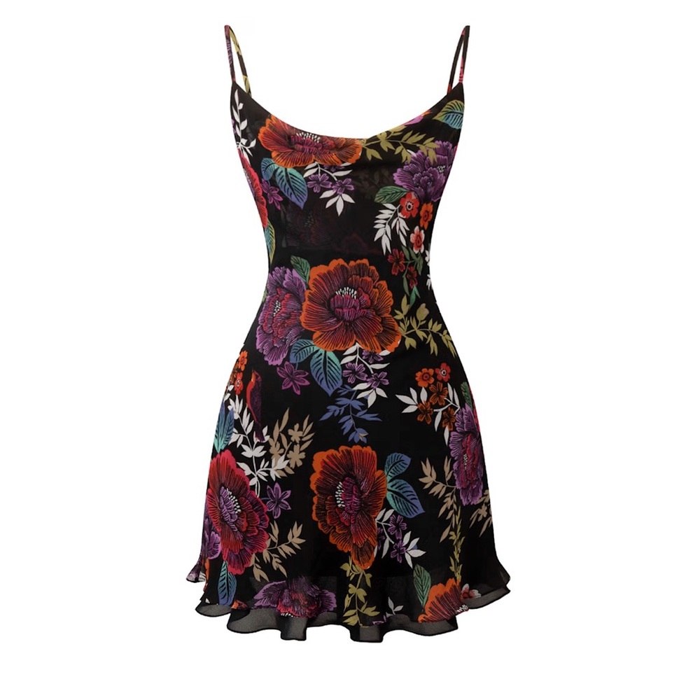 Floral Slip Mini Dress in Black with Multicolor Blooms